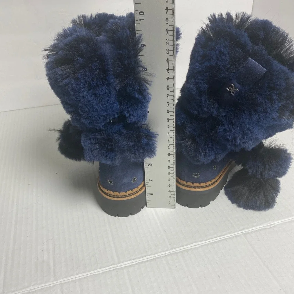 Sam Edelman‎ Navy Blue Faux Fur Pom Pom Lug Sole Ankle Boots Womens 8.5M Cozy